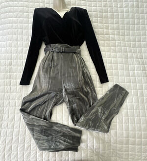 Vintage DJ Summers Jumpsuit Womens 8 Small Black Gray Shimmer 80s Disco Glam